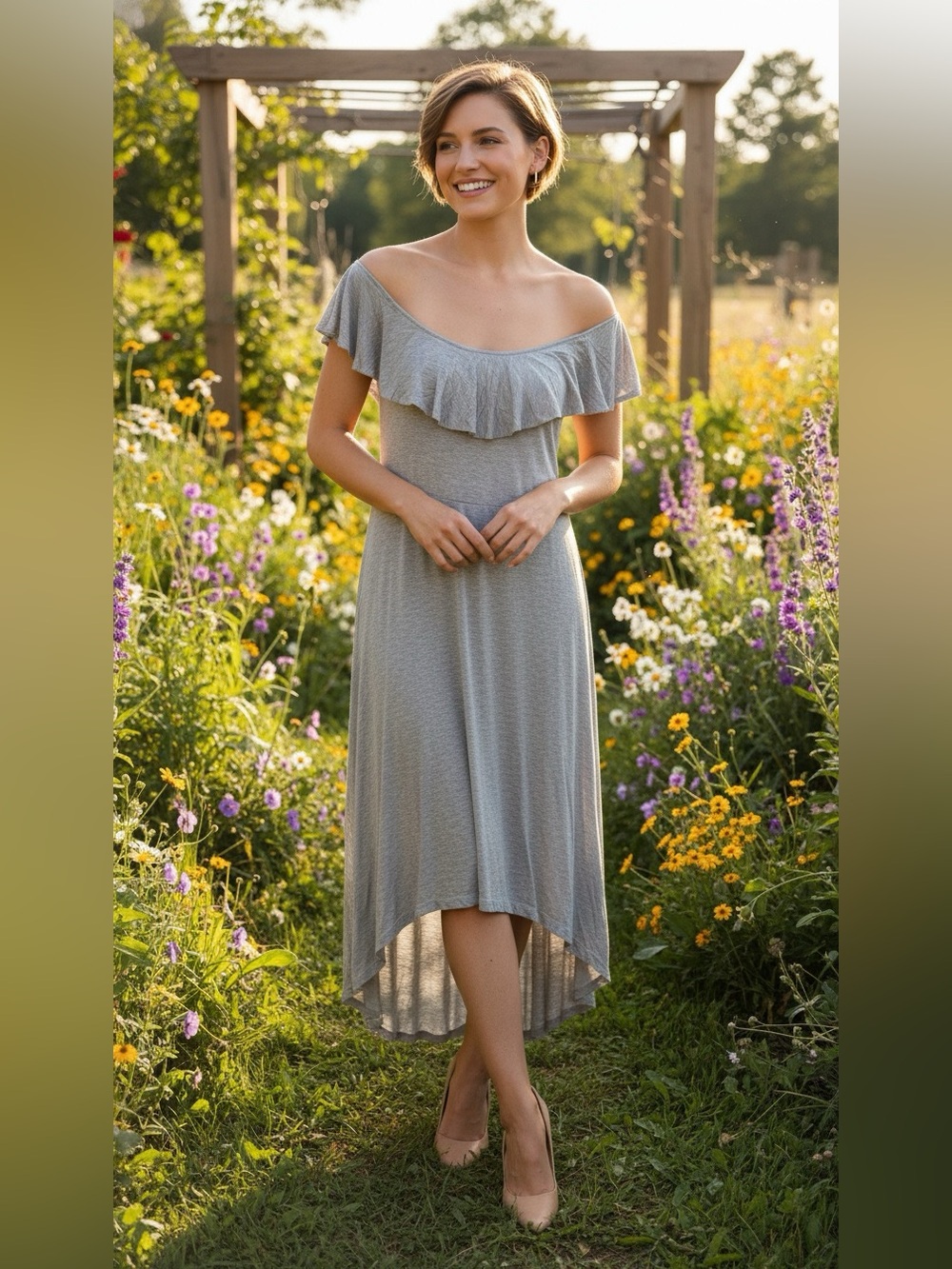 Charming Charlie Grey Ruffle Off Shoulder High Low Hem Jersey Knit Dress Large